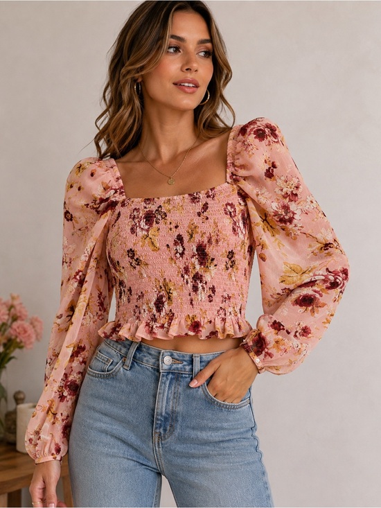 Express Tops - Express NWT Pink Floral Smocked Puff Sleeve Crop Top XS